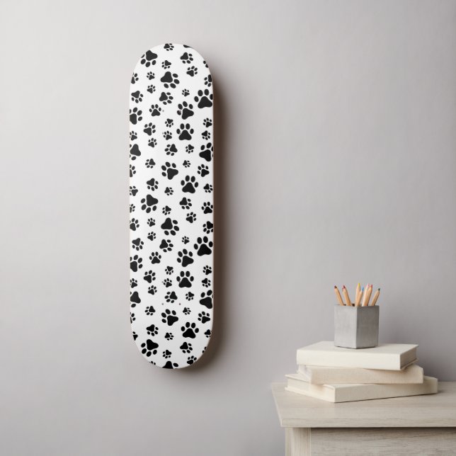 Pattern Of Paws, Dog Paws, Black and White Skateboard (Wall Art)