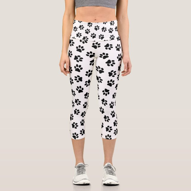 Pattern Of Paws, Dog Paws, Black Paws Capri Leggings (Front)