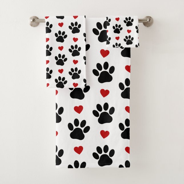 Pattern Of Paws, Dog Paws, Black Paws, Red Hearts Bath Towel Set (Insitu)