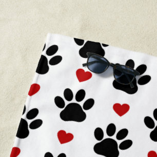 Pattern Of Paws, Dog Paws, Black Paws, Red Hearts Beach Towel