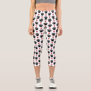 Pattern Of Paws, Dog Paws, Black Paws, Red Hearts Capri Leggings