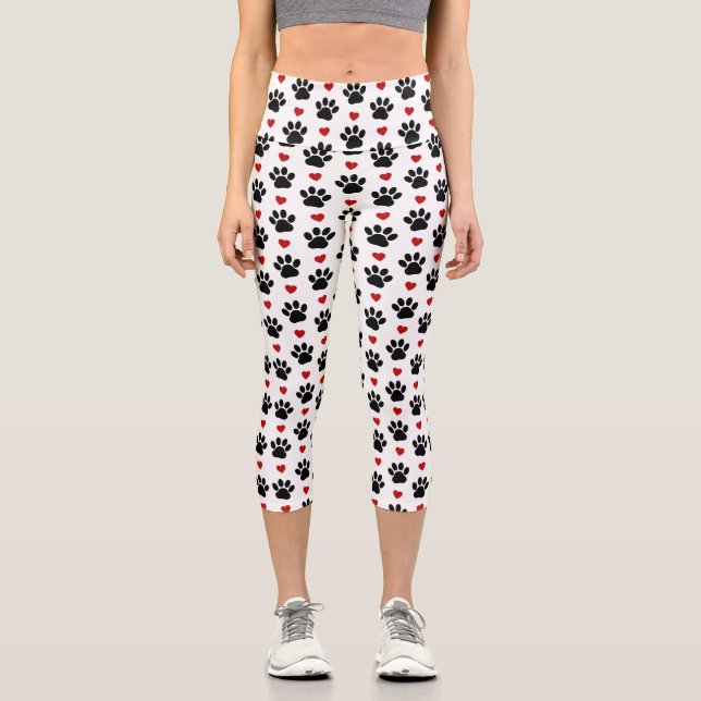 Pattern Of Paws, Dog Paws, Black Paws, Red Hearts Capri Leggings (Front)