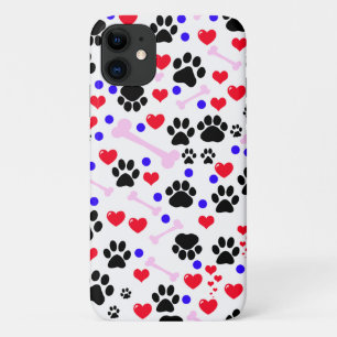 Pattern Of Paws, Dog Paws, Black Paws, Red Hearts iPhone 11 Case