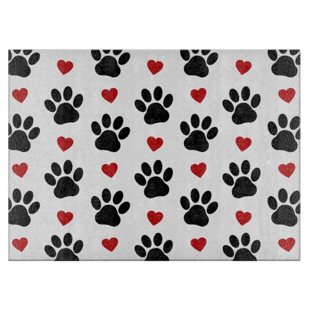 Pattern Of Paws, Dog Paws, Black Paws, Red Hearts Cutting Board (Front)