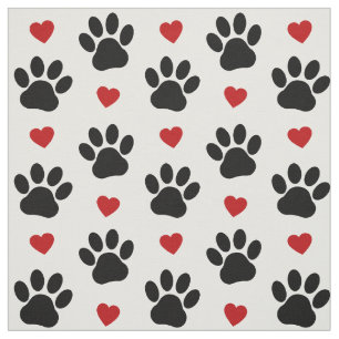 Pattern Of Paws, Dog Paws, Black Paws, Red Hearts Fabric