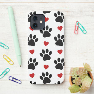Pattern Of Paws, Dog Paws, Black Paws, Red Hearts iPhone 12 Case