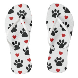Pattern Of Paws, Dog Paws, Black Paws, Red Hearts Jandals