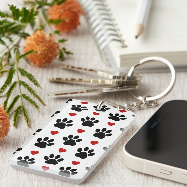 Pattern Of Paws, Dog Paws, Black Paws, Red Hearts Key Ring (Front Right)