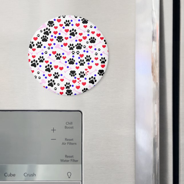 Pattern Of Paws, Dog Paws, Black Paws, Red Hearts Magnet (In Situ (Fridge))