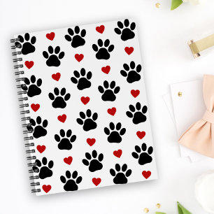 Pattern Of Paws, Dog Paws, Black Paws, Red Hearts Notebook
