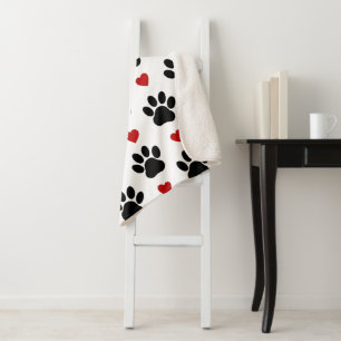Pattern Of Paws, Dog Paws, Black Paws, Red Hearts Sherpa Blanket