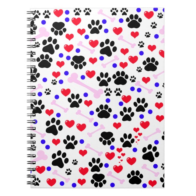 Pattern Of Paws, Dog Paws, Black Paws, Red Hearts Spiral Notebook (Front)