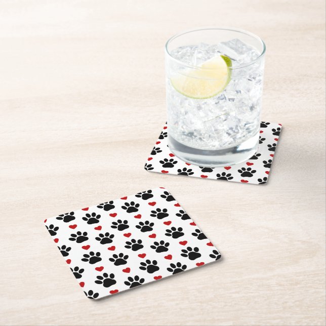 Pattern Of Paws, Dog Paws, Black Paws, Red Hearts Square Paper Coaster (Insitu)