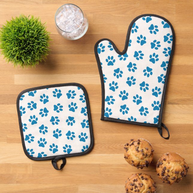 Pattern Of Paws, Dog Paws, Blue Paws Oven Mitt & Pot Holder Set (Top Down)