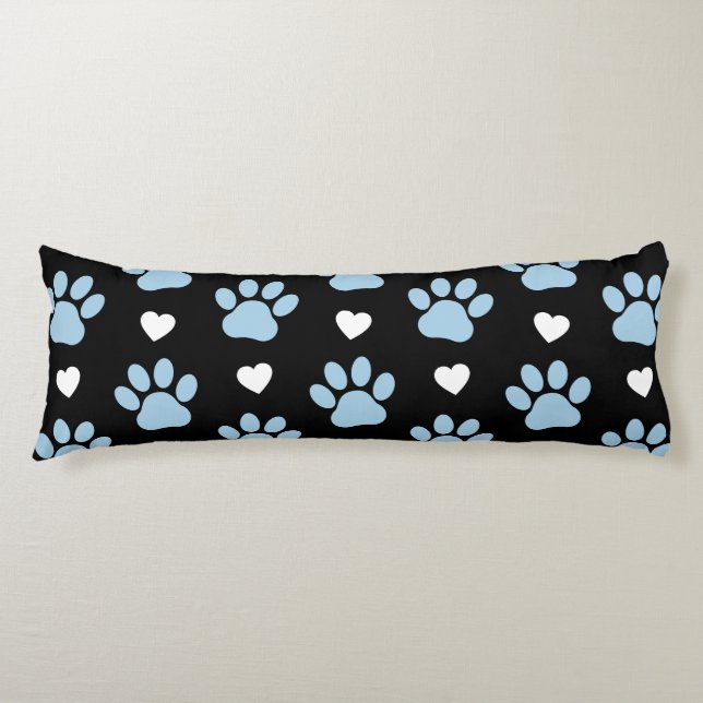 Pattern Of Paws, Dog Paws, Blue Paws, White Hearts Body Cushion (Front)