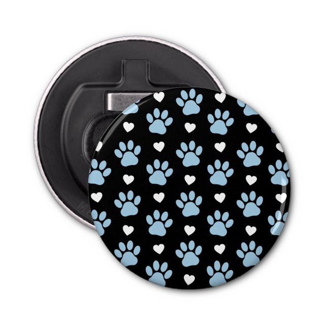 Pattern Of Paws, Dog Paws, Blue Paws, White Hearts Bottle Opener (Front)