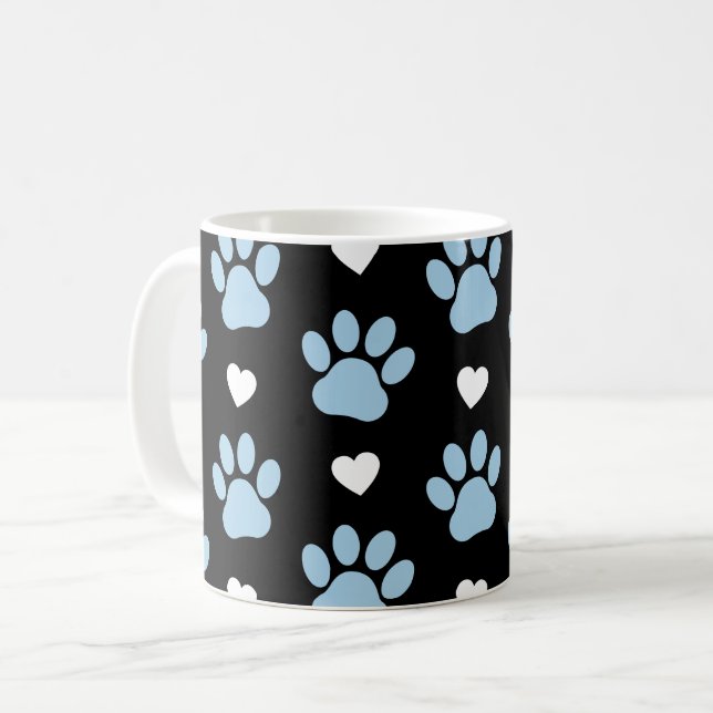 Pattern Of Paws, Dog Paws, Blue Paws, White Hearts Coffee Mug (Front Left)