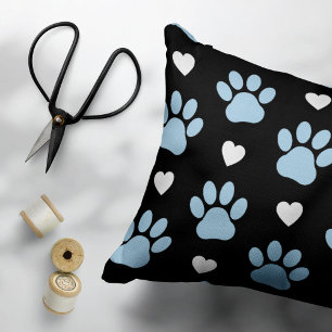 Pattern Of Paws, Dog Paws, Blue Paws, White Hearts Decorative Cushion