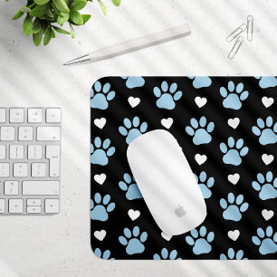 Pattern Of Paws, Dog Paws, Blue Paws, White Hearts Mouse Pad