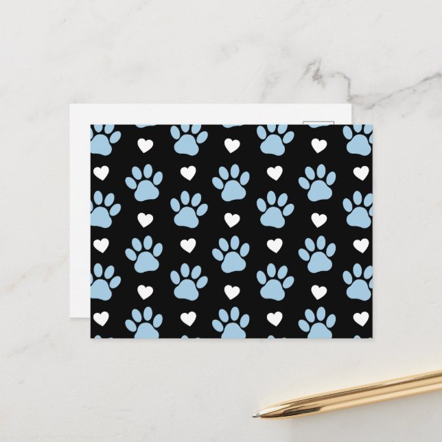 Pattern Of Paws, Dog Paws, Blue Paws, White Hearts Postcard (Front/Back In Situ)