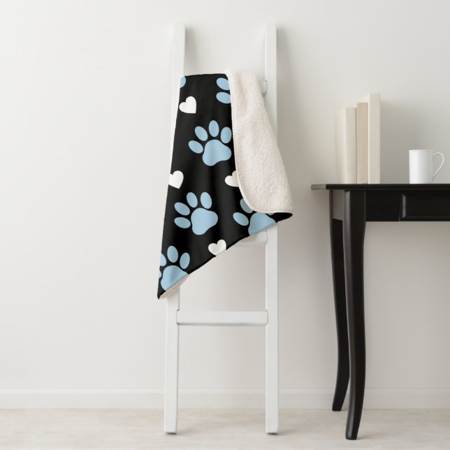 Pattern Of Paws, Dog Paws, Blue Paws, White Hearts Sherpa Blanket (In Situ)