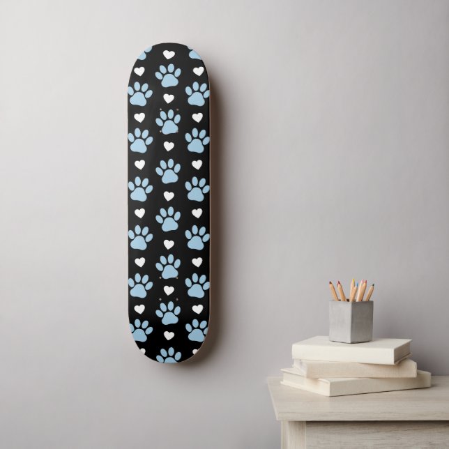 Pattern Of Paws, Dog Paws, Blue Paws, White Hearts Skateboard (Wall Art)