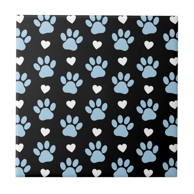 Pattern Of Paws, Dog Paws, Blue Paws, White Hearts Tile (Front)
