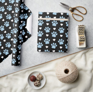 Pattern Of Paws, Dog Paws, Blue Paws, White Hearts Wrapping Paper