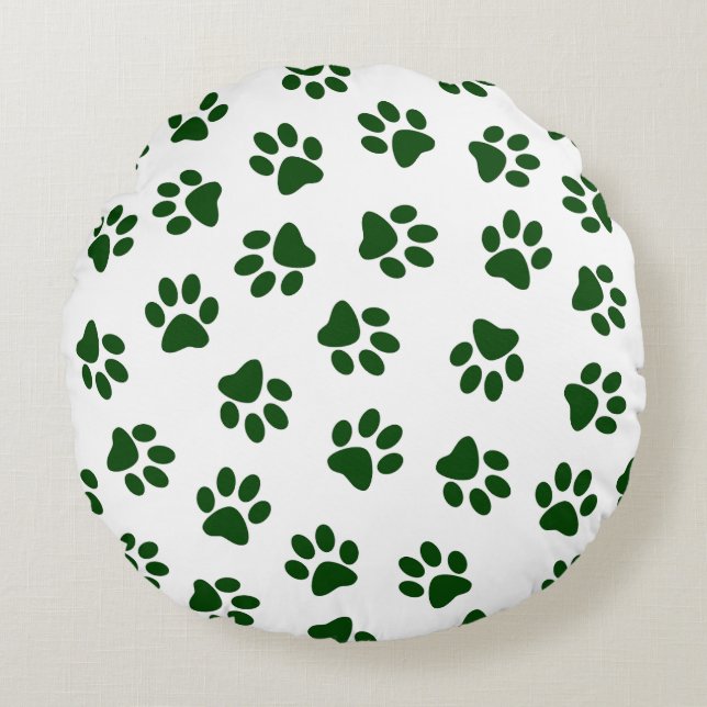 Pattern Of Paws, Dog Paws, Green Paws Round Cushion (Front)