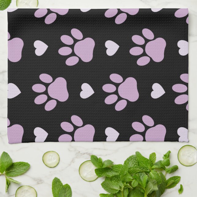 Pattern Of Paws, Dog Paws, Lilac Paws, Hearts Tea Towel (Folded)