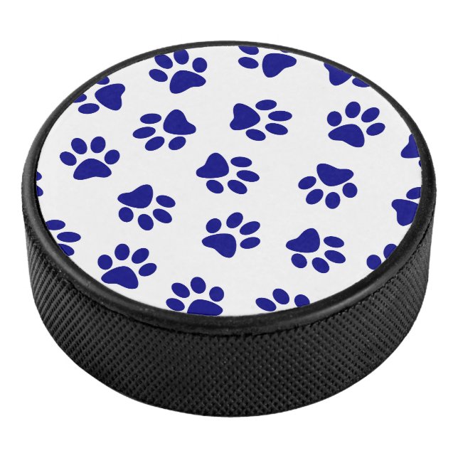 Pattern Of Paws, Dog Paws, Navy Blue Paws Hockey Puck (3/4)
