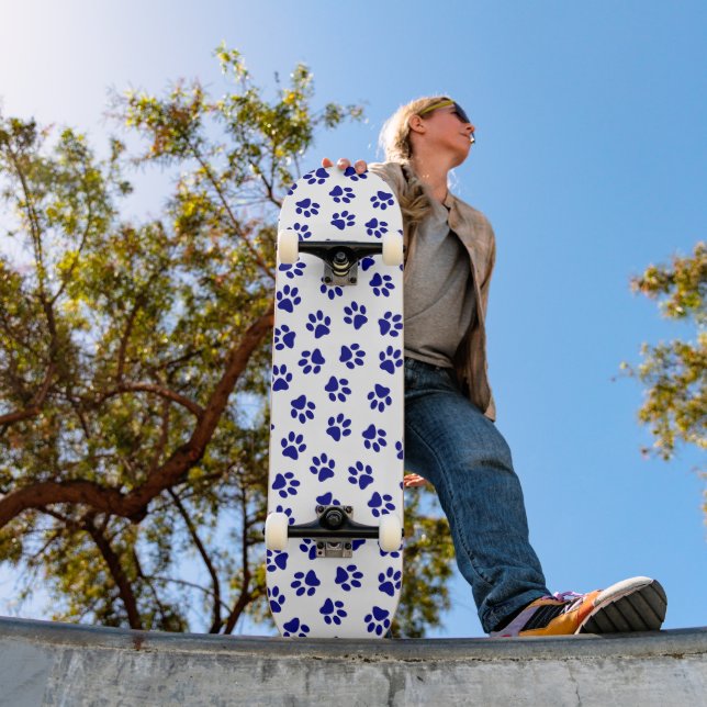 Pattern Of Paws, Dog Paws, Navy Blue Paws Skateboard (Outdoor 1)