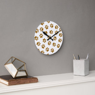 Pattern Of Paws, Dog Paws, Orange Gold Paws Round Clock