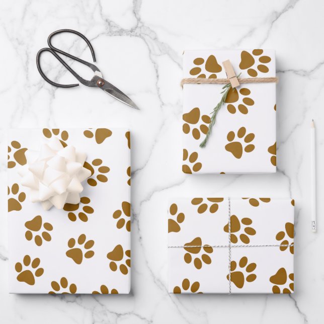 Pattern Of Paws, Dog Paws, Orange Gold Paws Wrapping Paper Sheet (Front)