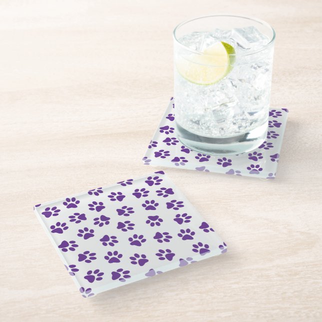 Pattern Of Paws, Dog Paws, Purple Paws Glass Coaster (Angled)