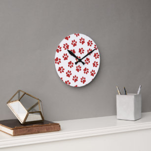 Pattern Of Paws, Dog Paws, Red Paws Round Clock