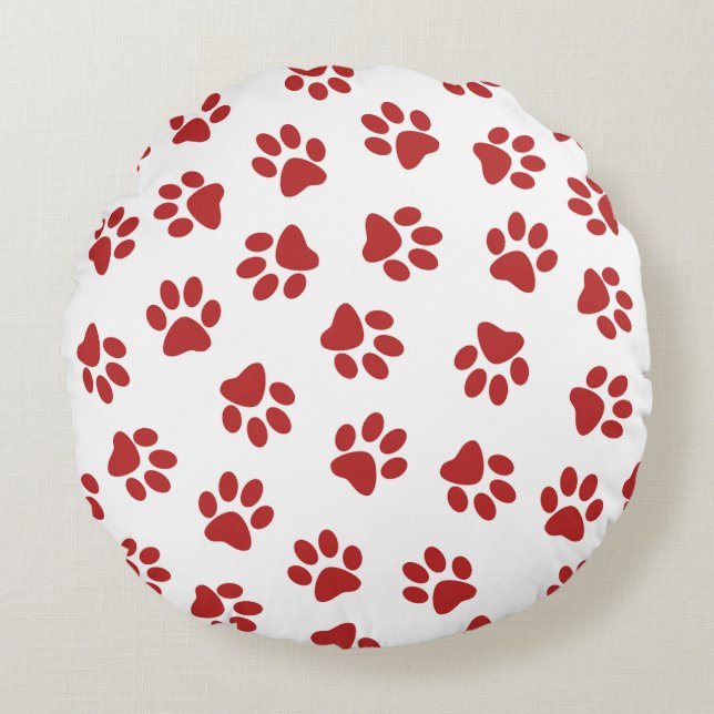 Pattern Of Paws, Dog Paws, Red Paws Round Cushion (Front)