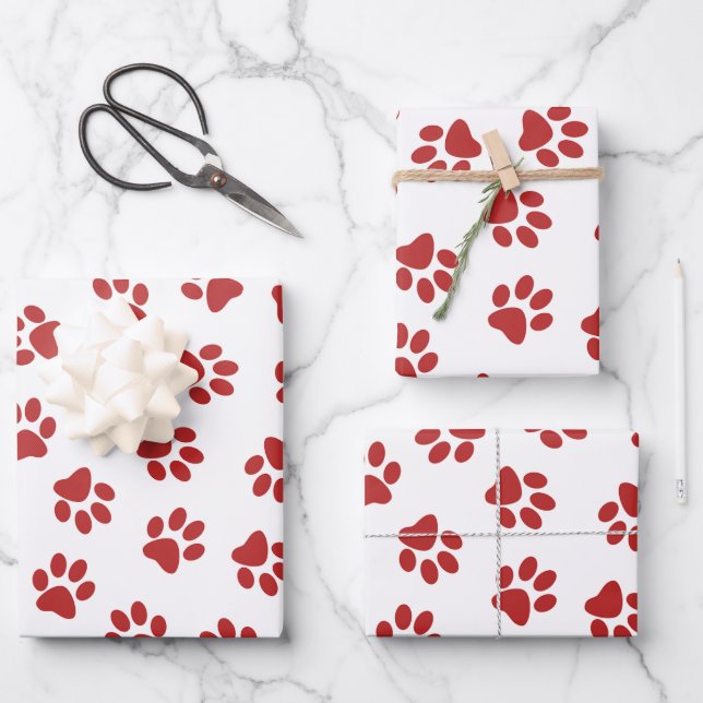 Pattern Of Paws, Dog Paws, Red Paws Wrapping Paper Sheet (Front)