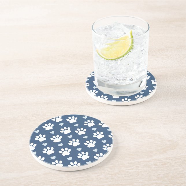 Pattern Of Paws, Dog Paws, White Paws, Blue Hearts Coaster (Side)