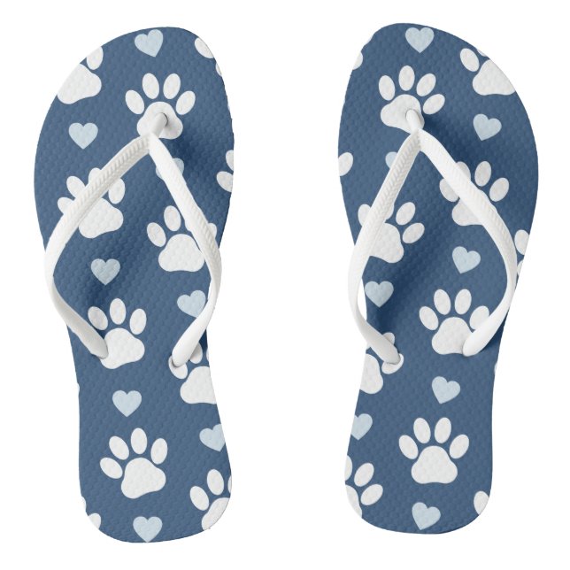 Pattern Of Paws, Dog Paws, White Paws, Blue Hearts Jandals (Footbed)