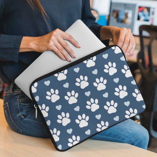 Pattern Of Paws, Dog Paws, White Paws, Blue Hearts Laptop Sleeve (Creator Uploaded)