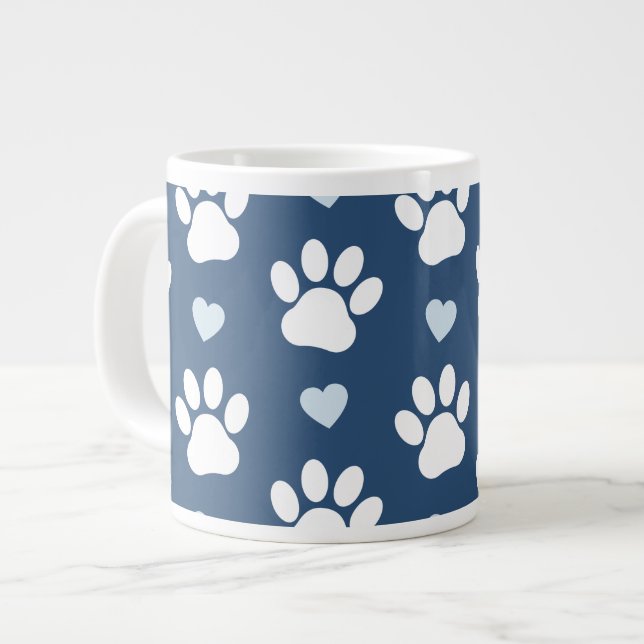 Pattern Of Paws, Dog Paws, White Paws, Blue Hearts Large Coffee Mug (Front Left)