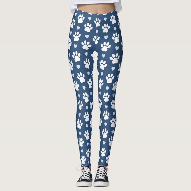 Pattern Of Paws, Dog Paws, White Paws, Blue Hearts Leggings (Front)