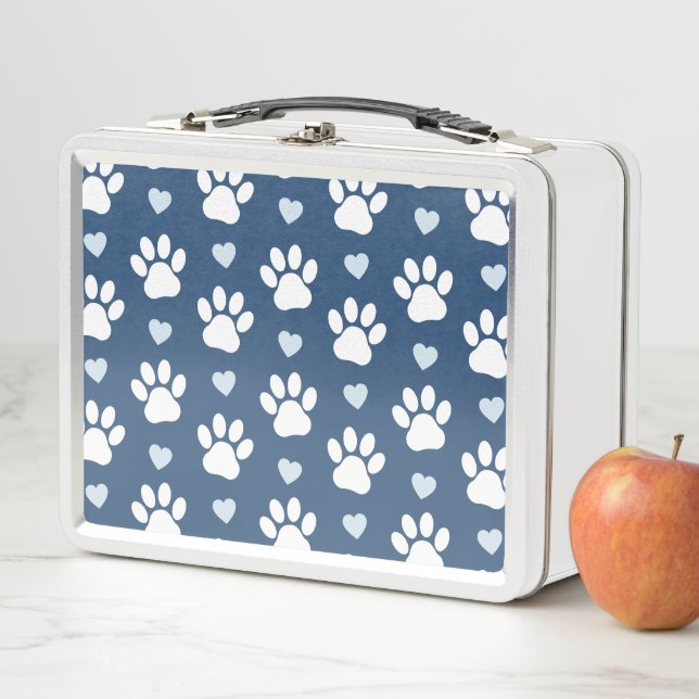 Pattern Of Paws, Dog Paws, White Paws, Blue Hearts Metal Lunch Box (In Situ)