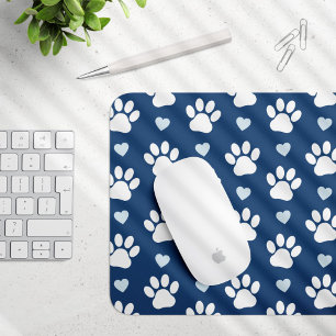 Pattern Of Paws, Dog Paws, White Paws, Blue Hearts Mouse Pad
