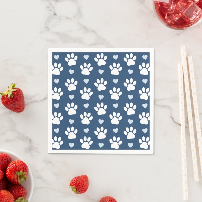 Pattern Of Paws, Dog Paws, White Paws, Blue Hearts Napkin (Insitu)