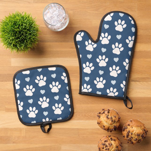 Pattern Of Paws, Dog Paws, White Paws, Blue Hearts Oven Mitt & Pot Holder Set (Top Down)