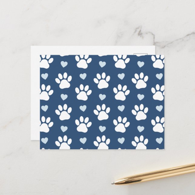 Pattern Of Paws, Dog Paws, White Paws, Blue Hearts Postcard (Front/Back In Situ)