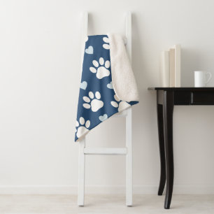 Pattern Of Paws, Dog Paws, White Paws, Blue Hearts Sherpa Blanket