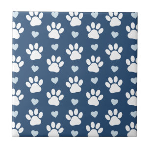 Pattern Of Paws, Dog Paws, White Paws, Blue Hearts Tile